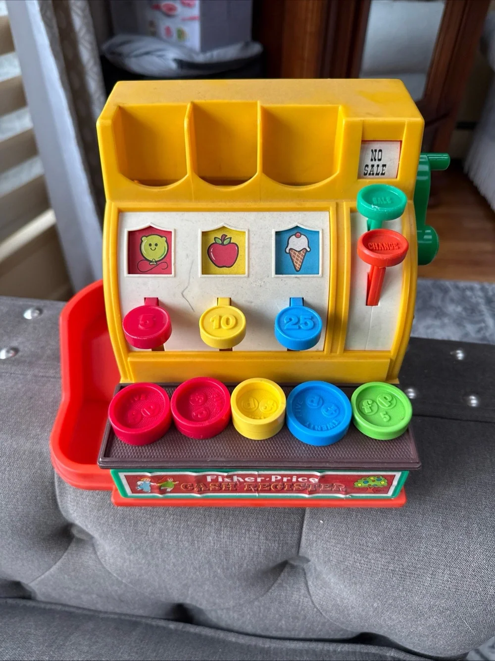 Fisher-Price Yellow Kids Cash Register Toy with Colorful Coins